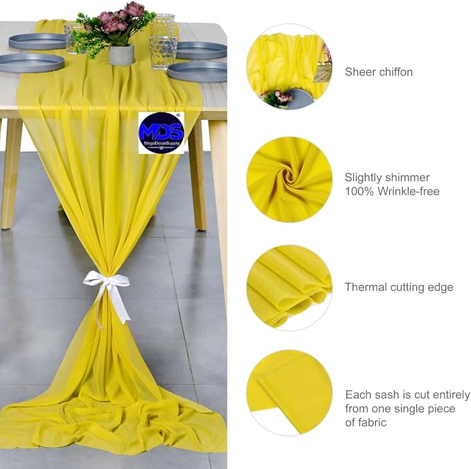 MDS 5 Pack 10ft Chiffon Table Runner 29 x 120 Inches Sheer Wedding Runner Romantic Rustic Table Runner for Wedding Decorations, Birthday Parties, Bridal Shower Party Arch Decor - Yellow