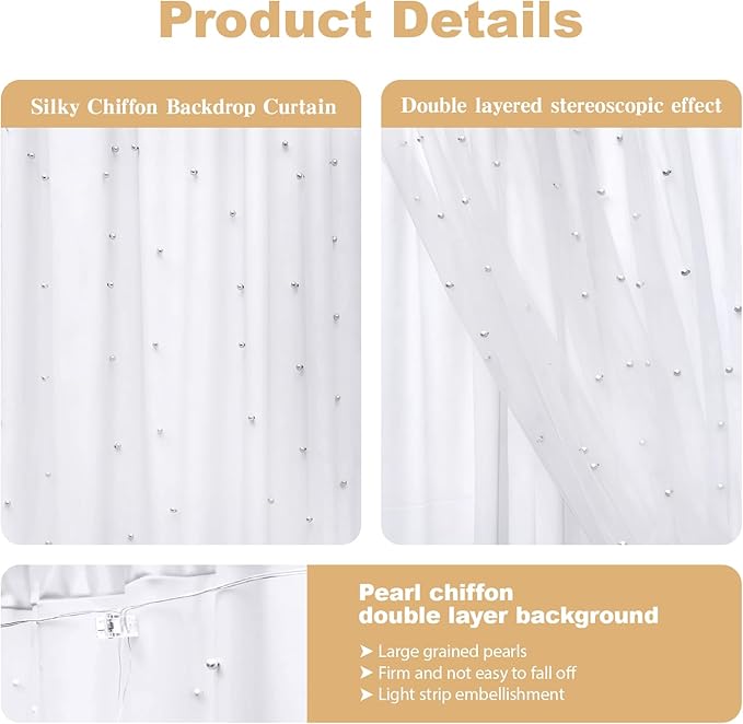 10 * 8FT White Pearl Tulle Double Layered Backdrop Curtain with Lights String and Lining Fabric for Wedding Baby Shower Birthday Parites Photo Decorations
