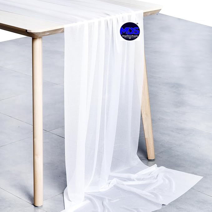 MDS 20 Pack 10ft Chiffon Table Runner 29 x 120 Inches Sheer Wedding Runner Romantic Rustic Table Runner for Wedding Decorations, Birthday Parties, Bridal Shower Party Arch Decor - White