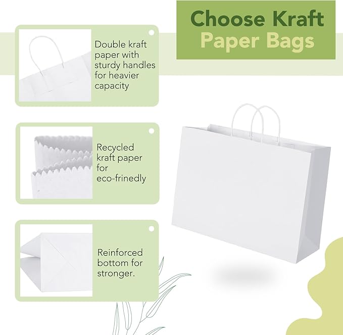 Gift Bags, White Kraft Paper with Handles, 50 Pack, 16 x 6 x 12 Inch