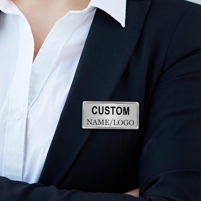 Custom Name Tags ID Badges with Logo Name Personalized Name Badges Name Tag ID Badges with Pin Backing Customizable Name Tags for Business Offices Stores Restaurant, 1.5x2.8 in, 100PCS