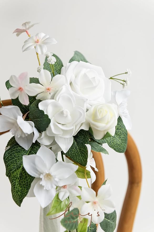Artificial Flowers Wedding Aisle Pew Markers, 8 Pack White with Ribbon