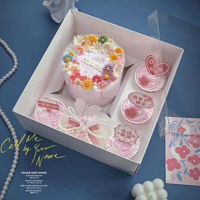 Bento Cake and Cupcake Box 2-in-1 4-inch Cake and 5 Cupcakes Box 5 Sets with One Wide Roll of Ribbon for Family Dinner Birthday Party Picnic Gift (TB02)