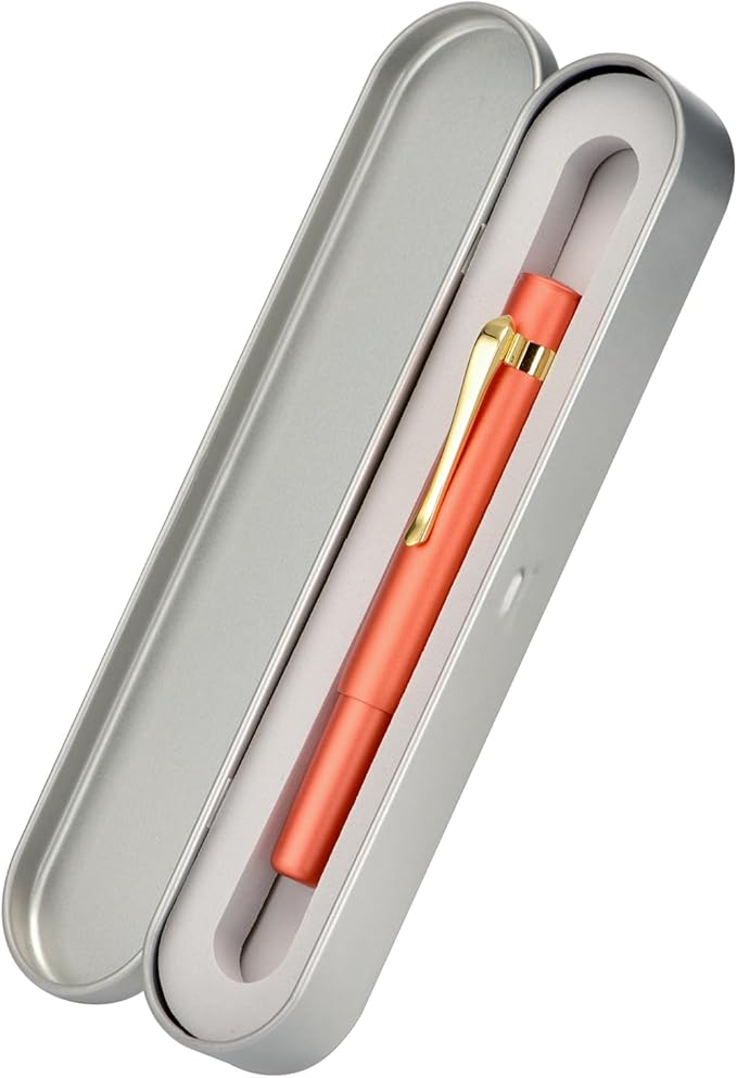 Hongdian M2 Black Forest Mini Fountain Pen, Medium Soft Golden Nib & Sleek Shape Aluminium Short Pocket Travel Pen (Orange Red)