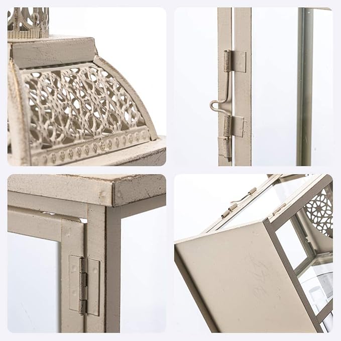 Decorative Candle Lantern, Beige Metal with Glass Panes, Indoor and Outdoor