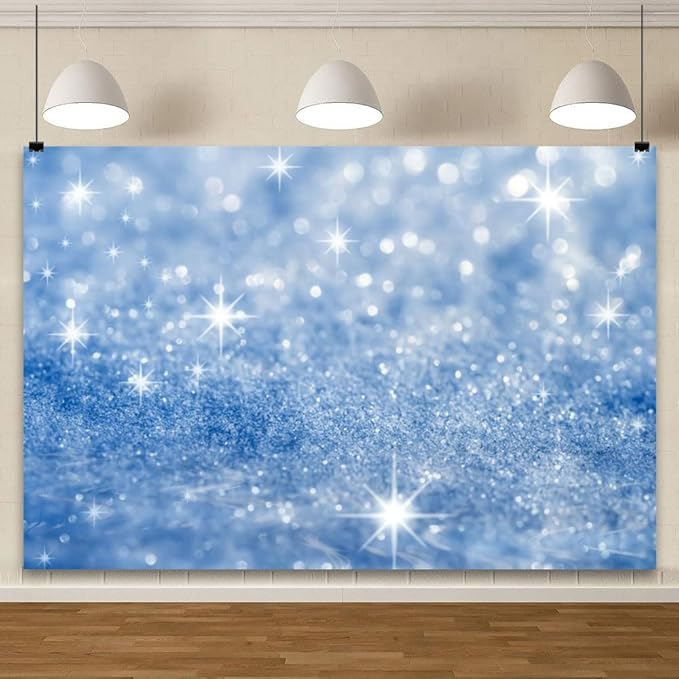 YongFoto Silver Blue Glitter Backdrop 10x6.5ft Silver Light Spots Blue Sequin Bokeh Photography Background Birthday Bridal Shower Wedding Photography Background Party Banner Portraits Photoshoot Props