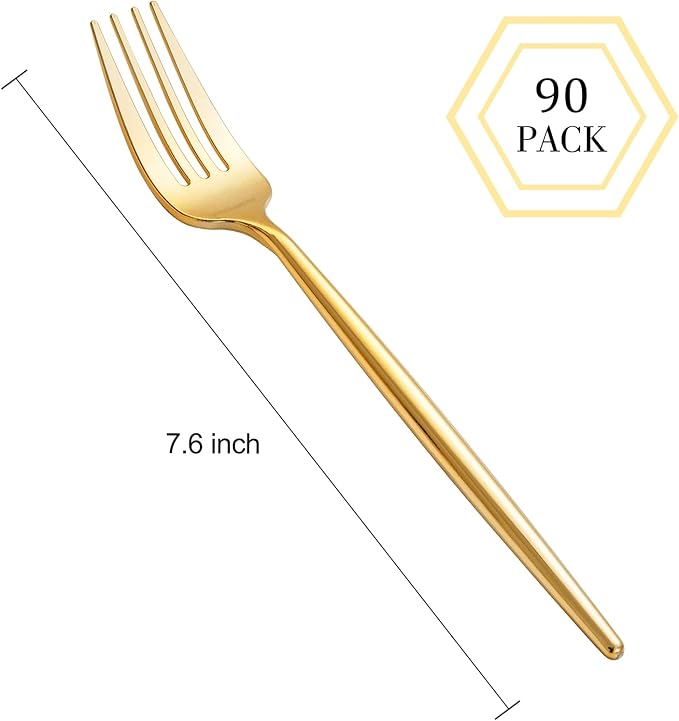 Forks, 90 Count Gold Plastic Disposable Party Set, Polished Finish