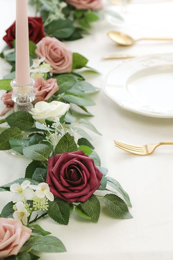 PONATIA 5FT Burgundy Artificial Flowers Garland, Dusty Rose Flowers Garland for Wedding Ceremony Garlands Backdrop Arch Flowers, Table Christmas Decorations (Burgundy & Ivory)