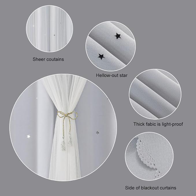 Ombre Rainbow Blackout Curtains for Kid Girls Bedroom Living Room Darking Stripe Double Layer Star Cut Out Wall Home Decor Gradient Grommet Window Curtains (Greywish White 72)