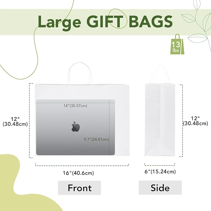 Gift Bags, White Kraft Paper with Handles, 50 Pack, 16 x 6 x 12 Inch