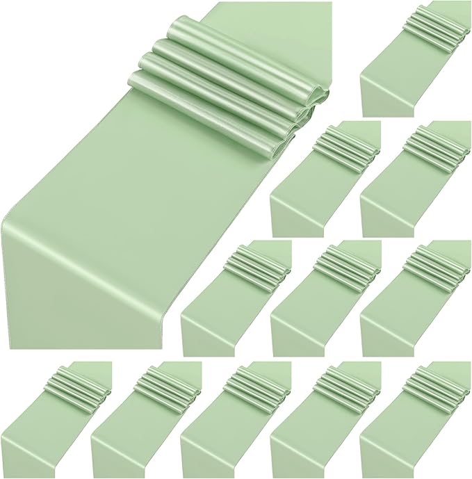 12 Pack Sage Green Satin Table Runner,12 x 108 inch Long Premium Smooth Table Runner for Wedding, Banquets, Birthday, Party, Graduation, Engagements, Table Runners fit Rectangle and Round Table