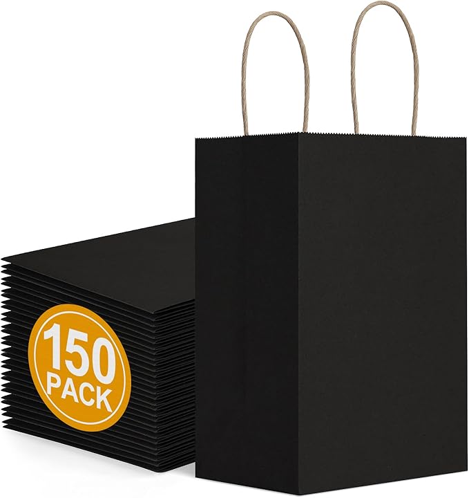 Small Black Paper Gift Bags with Handles, 150 Count, 5.25 x 3 x 8 Inch