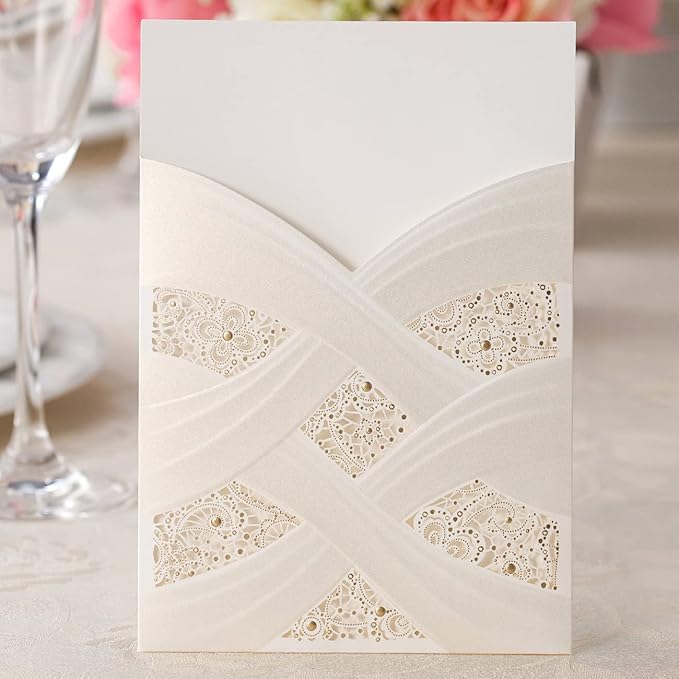 Hosmsua 5.12x7.2 50PCS Blank Wedding Invitations Kit Laser Cut light Gold Hollow Foil Flora Lace Sleeve Pocket with Envelopes for Quinceanera Wedding Invitation