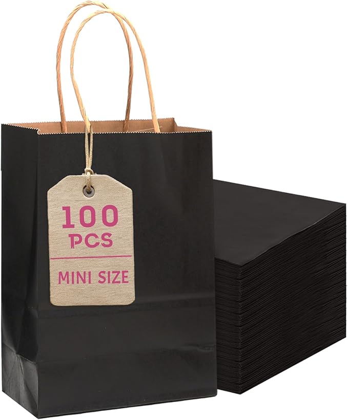 Gift Bags, 100 Count Mini Black Kraft Paper Bags with Handles
