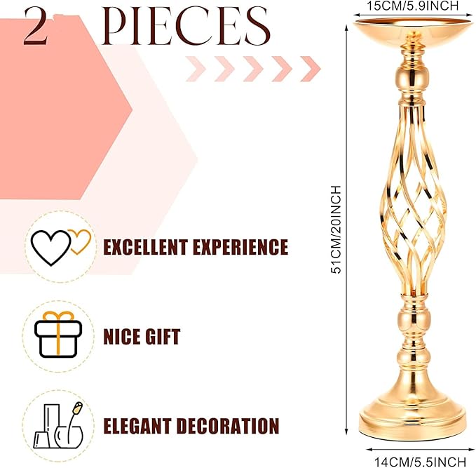 Candlestick Holders Gold Metal Flower Vases, Set of 10, 20.5-Inch Tall