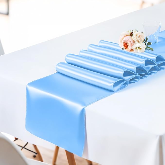 SHEJIZE 20 Pack Light Blue Satin Table Runner 12x108 Inches Long, Bright Silky Smooth Satin Table Runner Table Decor for Wedding Banquet Christmas Prom Event Birthday Party