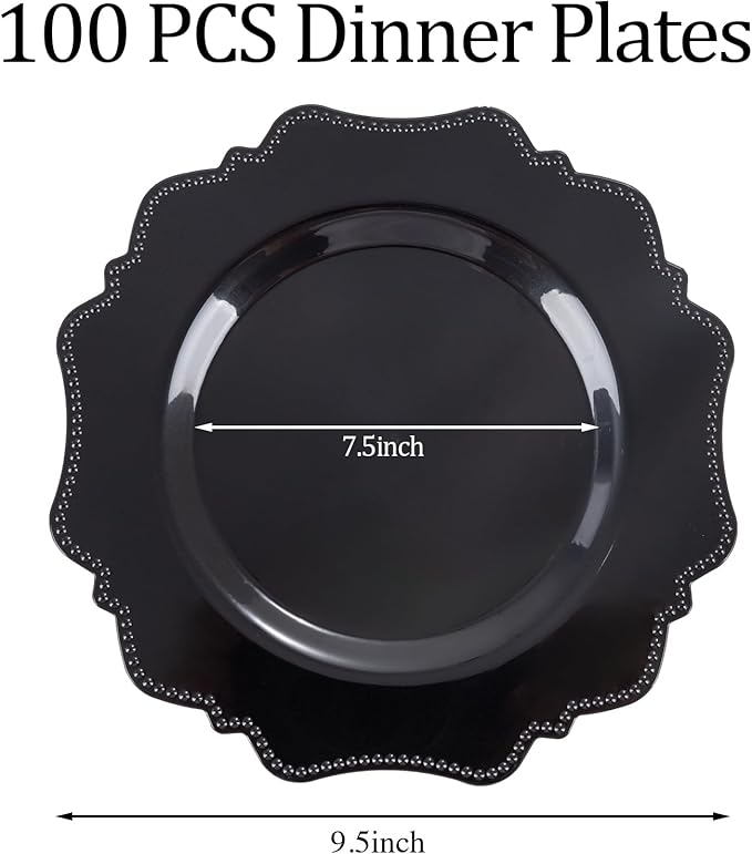 Dinner Plates, 9.5 Inch Black Disposable Plastic, Pack of 100