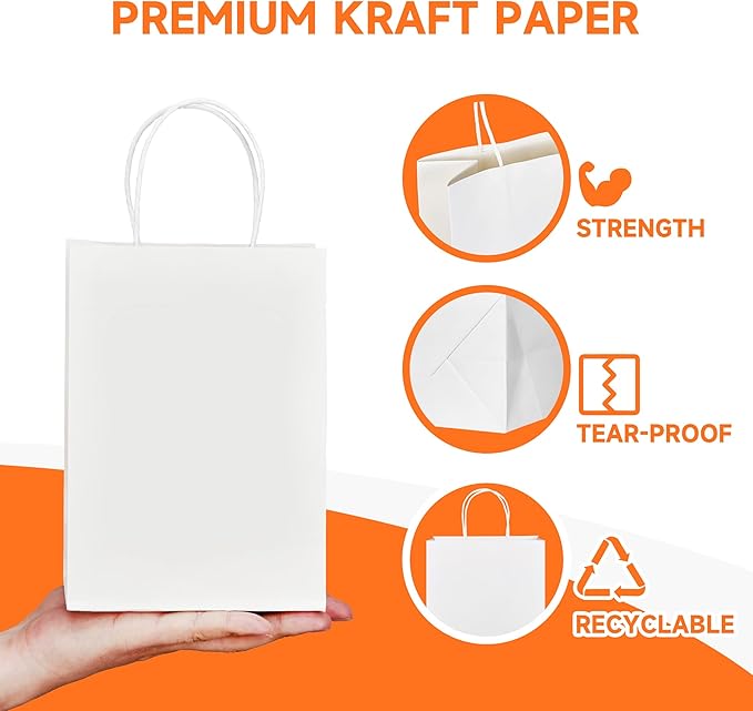 Small White Kraft Paper Gift Bags with Handles, 100 Count