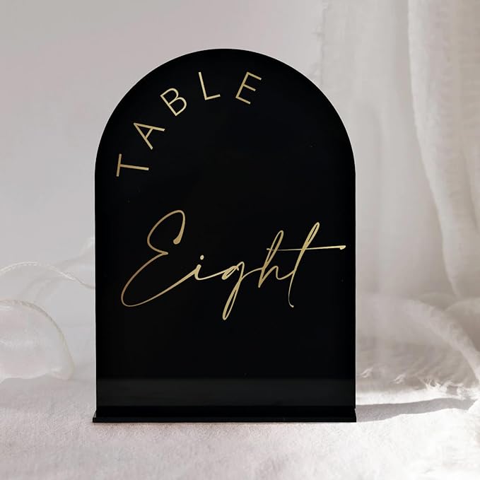 Place Card Table Numbers 1-10, Black Arch Acrylic with Gold Print
