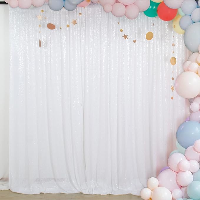 Backdrop Curtain 10x10 ft, White Sequin Mesh with Rod Pocket