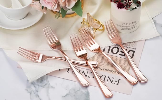 Forks, 200 Count Rose Gold Plastic Disposable, 7.4 Inch Length