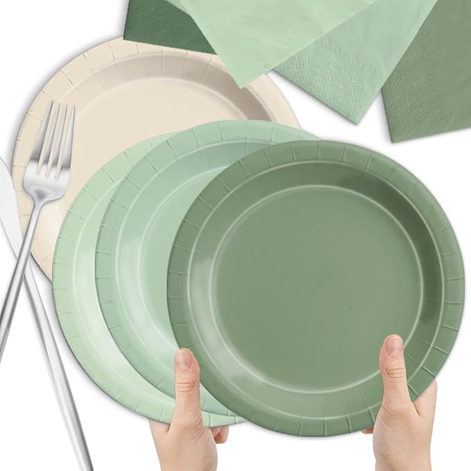 Paper Party Plates and Napkins, 150 Pieces, Sage Green Gradient