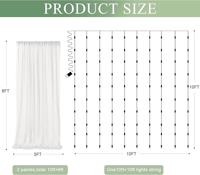 Tulle Backdrop Curtain with Lights String 10FT X 8FT Ivory Sheer Tulle Backdrop Curtains for Wedding Birthday Party Reception Photo Booth Background Decorations (2 Panels 5x8FT)