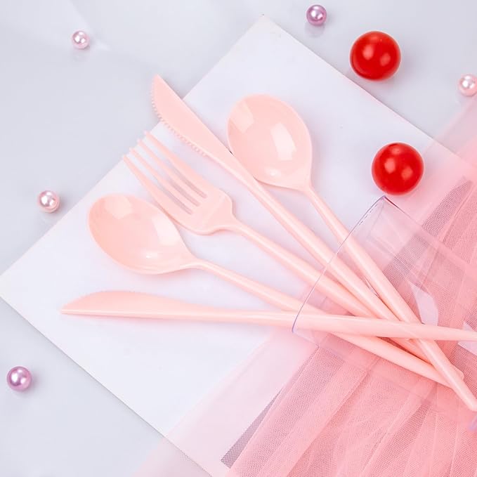Spoons, Forks and Knives Set, 180 Count, Pink Heavy Duty Plastic Cutlery