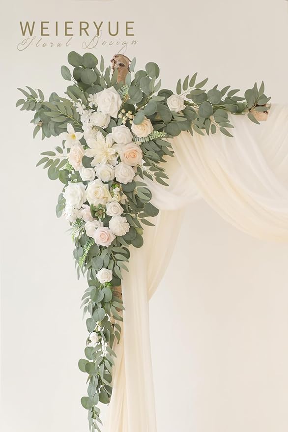 Deluxe White Artificial Wedding Arch Flowers with Drapes Kit-Pack of 5, 2pcs Flower Arrangements 3pcs Hanging Sheer Drapes White Ceremony Arbor Reception Backdrop Rose Floral Decorations.