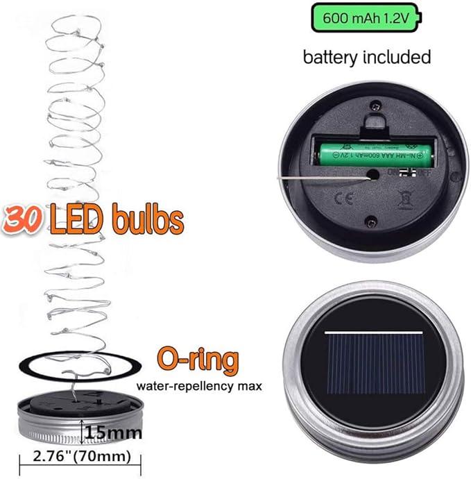 SunKite Solar Mason Jar Lights(NO Jars), 12 Pack 30 LED Waterproof Fairy Firefly Jar Lids String Lights with Hangers, Patio Yard Garden Wedding Decoration - Warm White