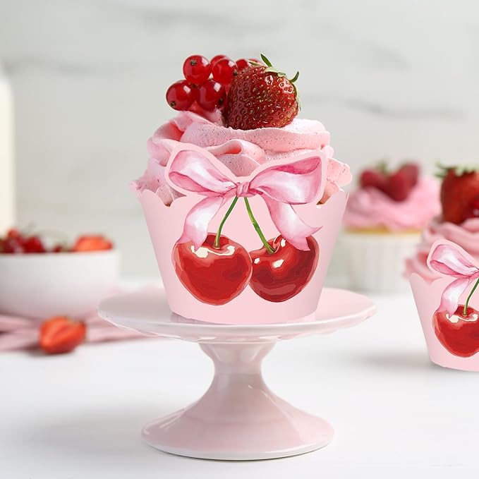 36Pcs Pink Bow Cherry Cupcake Wrappers Pink Red Bowknot Cherry Cupcake Liners Sweet Decorative Dessert Holders for Birthday Baby Shower