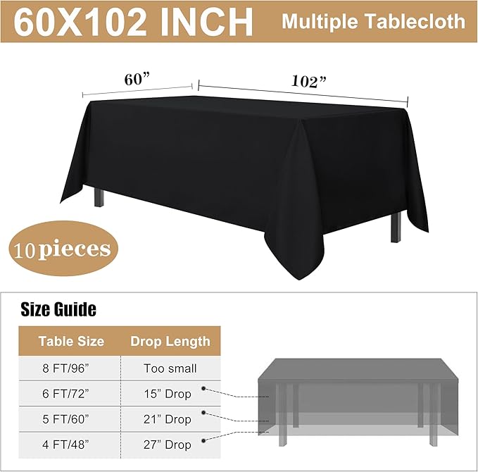 Black Rectangular Polyester Tablecloths, 10 Pack, 60 x 102 Inch