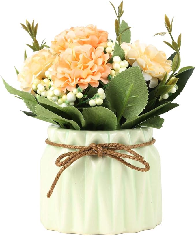 Artificial Hydrangea Bouquet with Small Ceramic Vase Fake Silk Variety Flower Balls Flowers Decoration for Table Home Party Office Wedding (Blue)