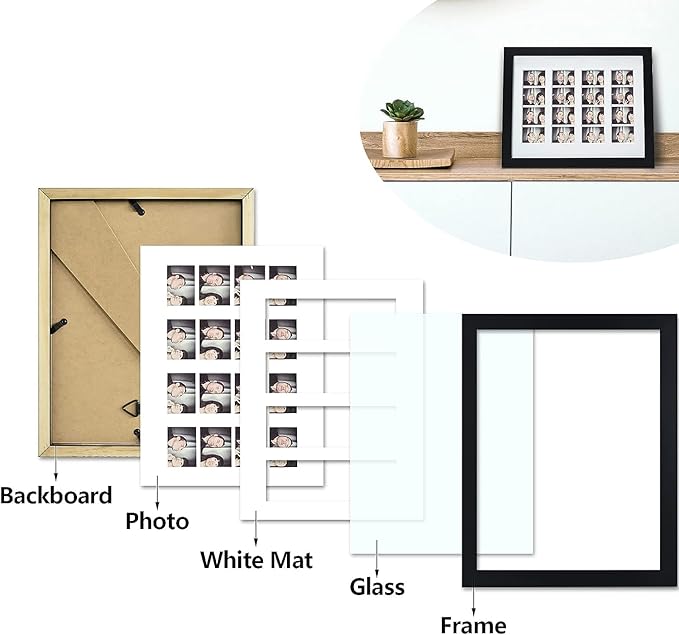 Photo Booth Frame, Black Wood with White Mat and Glass, 9x12 Inch