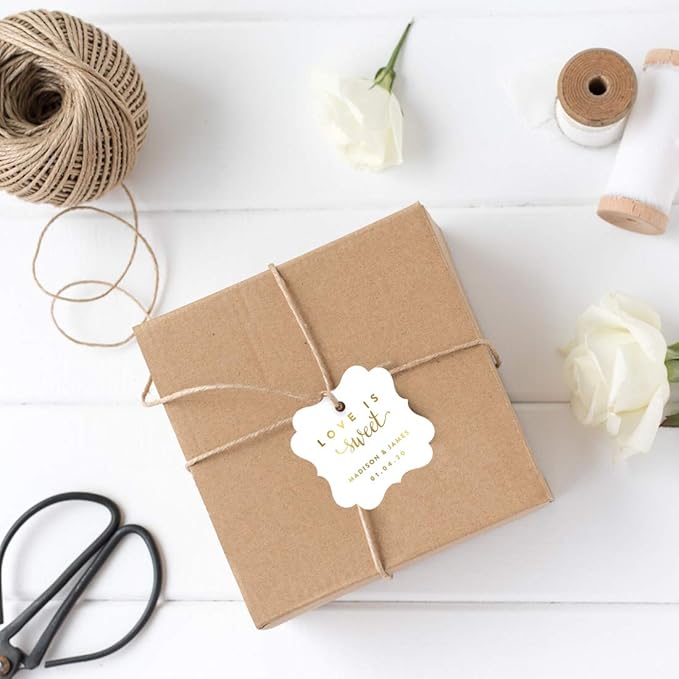Andaz Press Personalized Fancy Frame Square Wedding Gift Tags, Metallic Gold Ink, Love is Sweet, 24-Pack, Custom Made Any Name