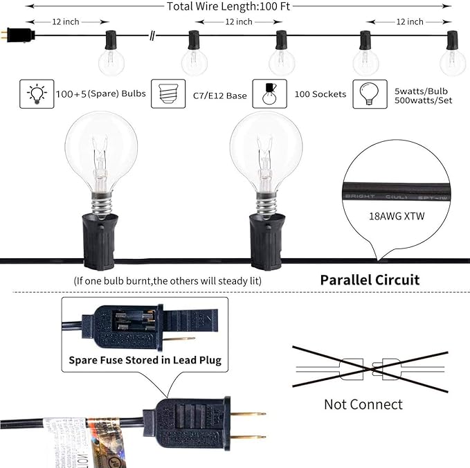 String Lights 100 Ft Outdoor Warm White G40 Bulbs with Spares