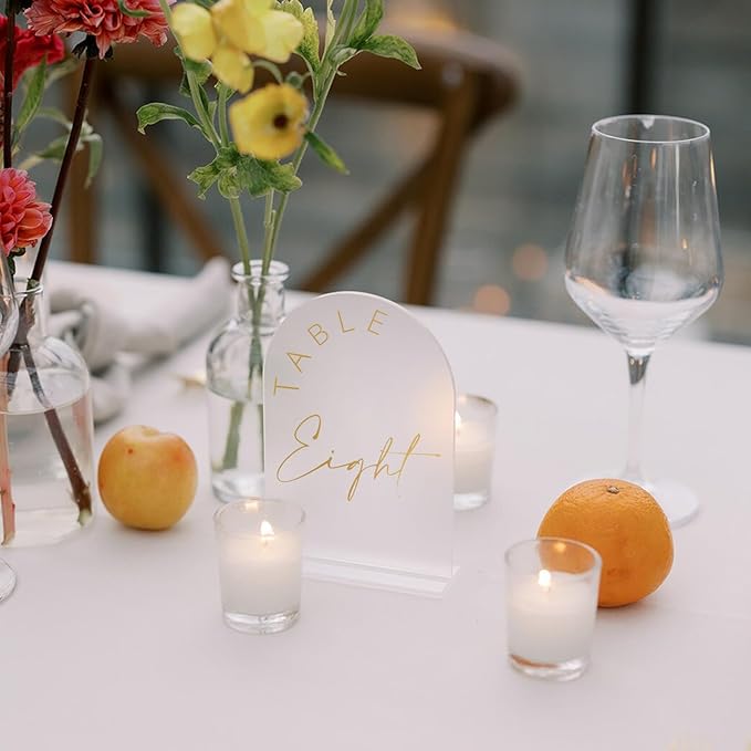JINMURY Frosted Arch Wedding Table Numbers 1-25 with Stands, 5x7 Inch Acrylic Arch Sign with Golden Lettering, Frosted Acrylic Table Numbers for Wedding Reception