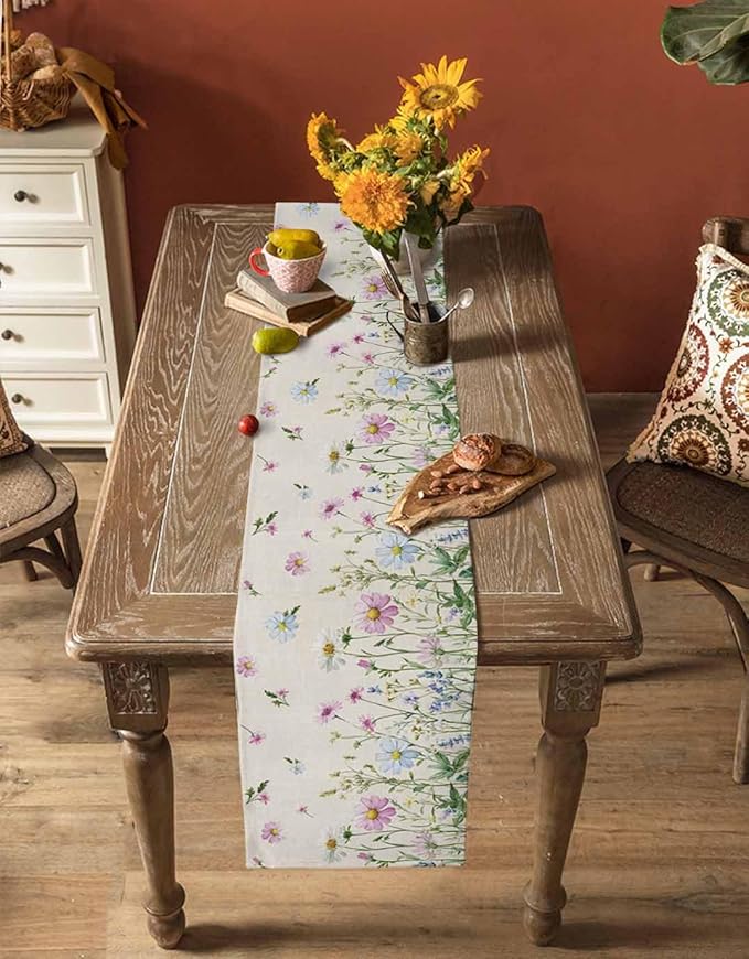 Vintage Wildflowers Cotton Linen Table Runner for Dining Kitchen, Wedding Outdoor Party Tablerunners Decoration, Farm Floral Pink Botanical Plants Dresser Scarf Coffee Tablecloth Runners 13x60 Inches