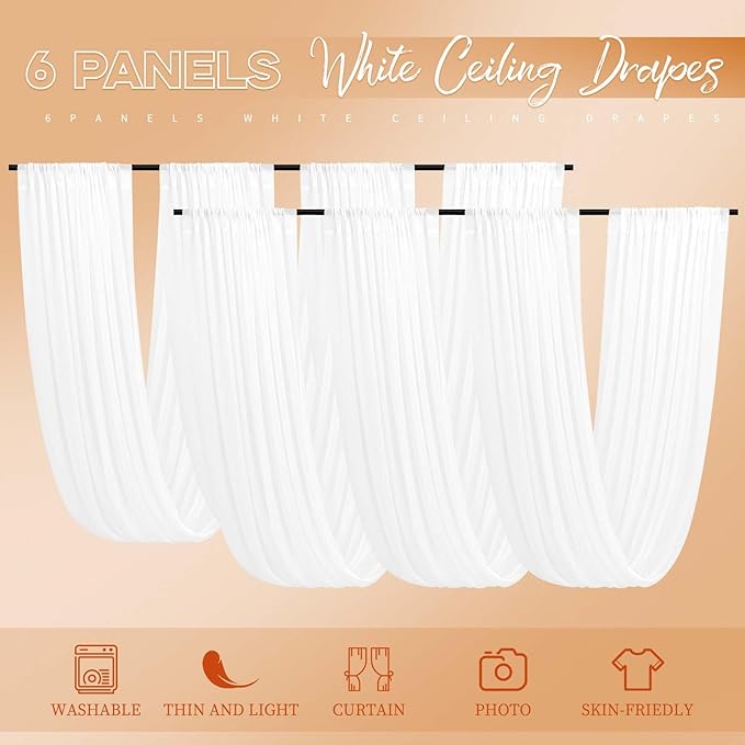 6 Panels White Wedding Drapes - 5ft x 20ft, Wedding Arch Draping Fabric, Cheesecloth Sheer Curtain
