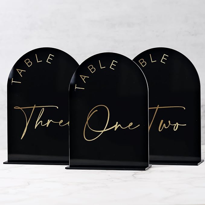 Place Card Table Numbers 1-10, Black Arch Acrylic with Gold Print