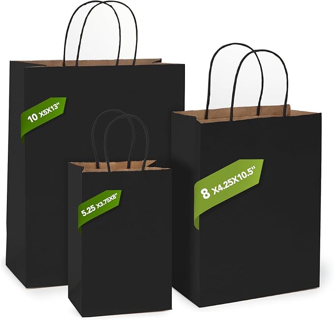 Gift Bags, Black Kraft Paper, 100 Count, 8 x 4.25 x 10.5 Inch