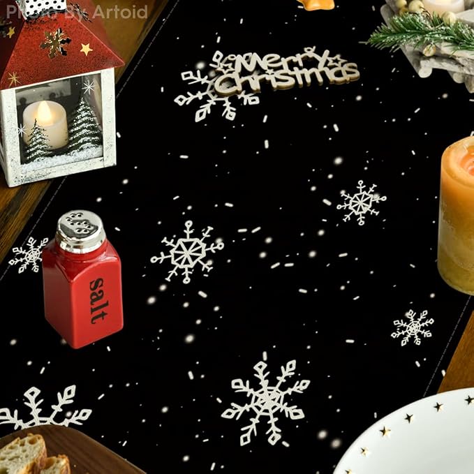 Artoid Mode Black Snowman Snowflake Let it Snow Winter Table Runner, Christmas Kitchen Dining Table Decoration for Home Party Decor 13x48 Inch