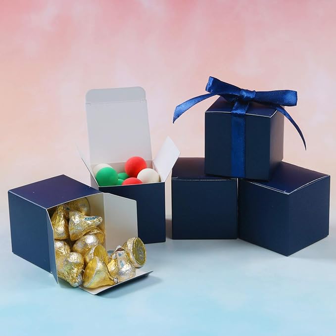 COTOPHER 60pcs Wedding Favor Boxes, Paper Gift Boxes 3x3x3 Inches Small Gift Boxes with Ribbons Small Boxes for Gifts, Crafting, Cupcake, Candy, Bridesmaid Proposal Boxes，Easy Assemble Boxes (Navy)