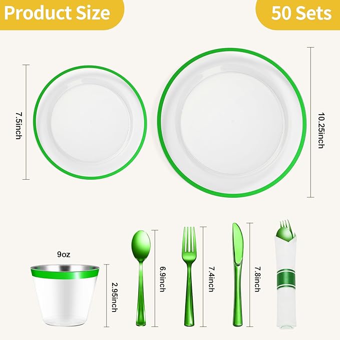 Disposable Green Party Plates Set, 350 Pieces for 50 Guests