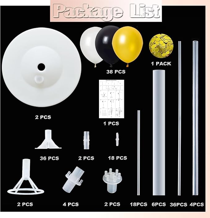 Black and Gold Balloon Column Kit, 2 Stands, 74-Inch, 38 Balloons