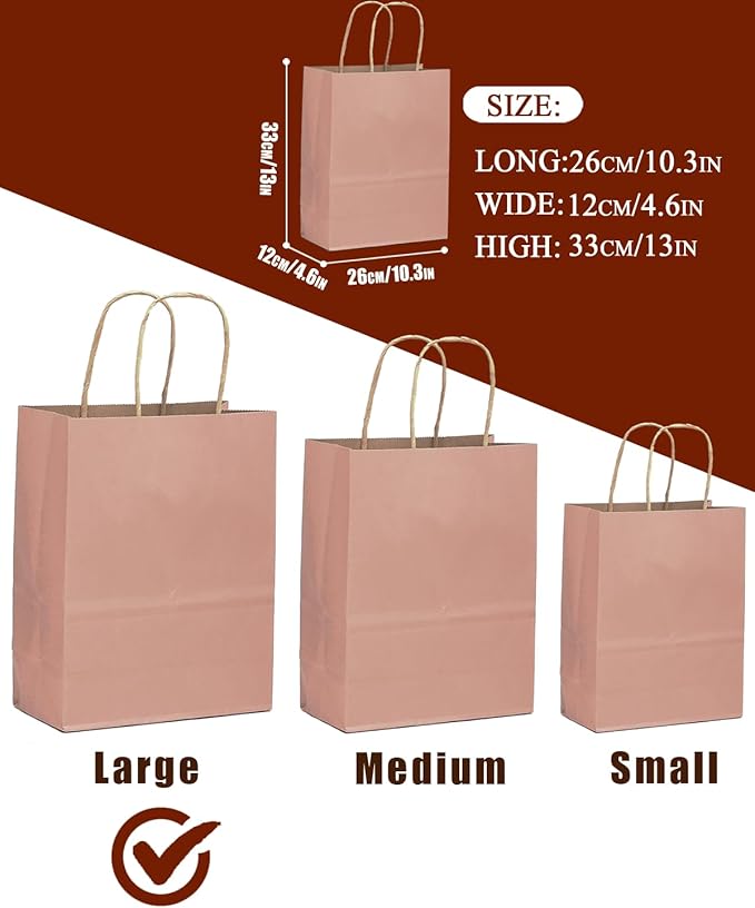 Gift Bags with Handles, 100 Pack Dusty Pink Kraft Paper Party Bags