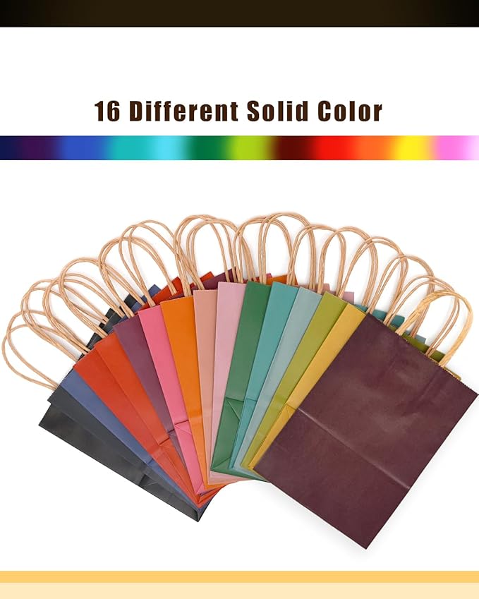 qiqee 200Pcs Paper Gift Bags with Handles - 10.6"x8.3"x4.3" Medium Party Favor Bags Multiple Uses - 16 Solid Colors