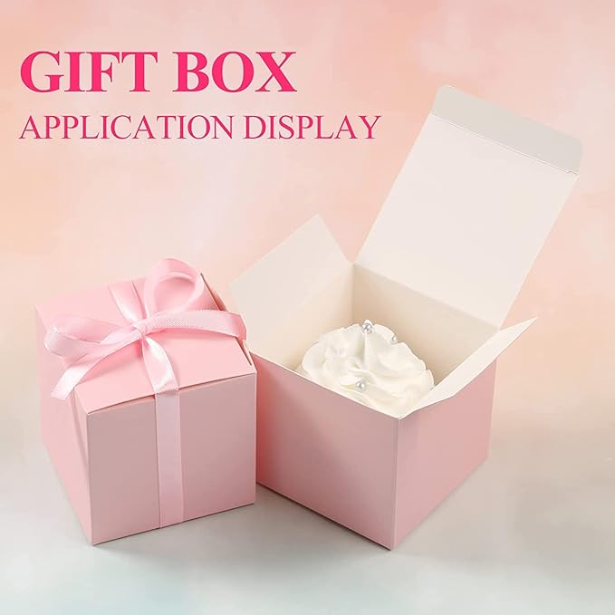 COTOPHER 25pcs Pink Wedding Favor Boxes, 3x3x3 Inch Gift Boxes with Ribbons for Wedding, Baby Shower, Birthday, Bridal Shower