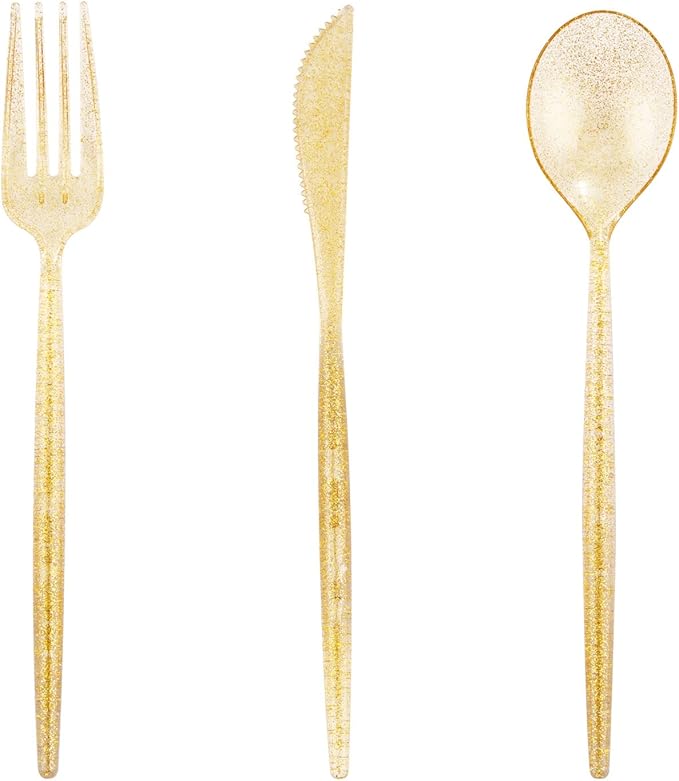 Plastic Spoons, 180 Count Gold Glitter Party Flatware Set