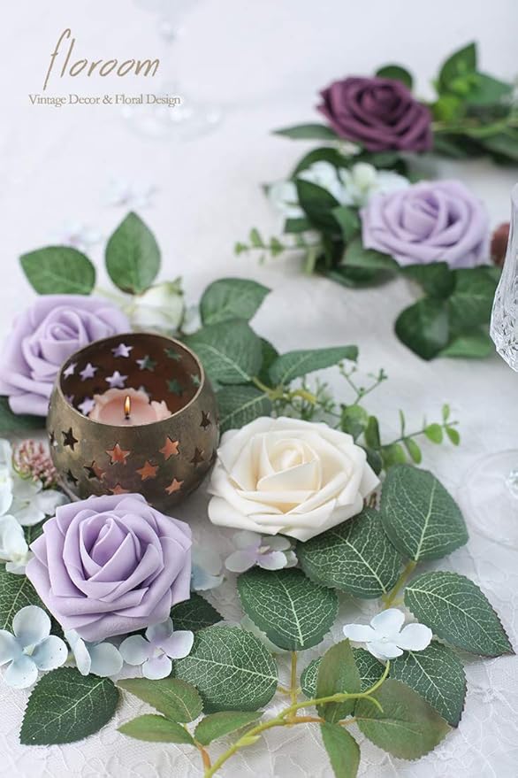 Floroom Artificial Flowers 50pcs Real Looking Lilac Foam Fake Roses with Stems for DIY Wedding Bouquets Baby Shower Centerpieces Floral Arrangements Party Tables Home Decorations